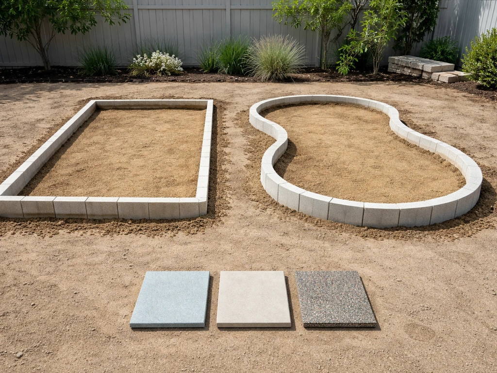 Minimal scene showing an in-ground pool model: simple rectangle form vs freeform shape, with plaster finish samples.