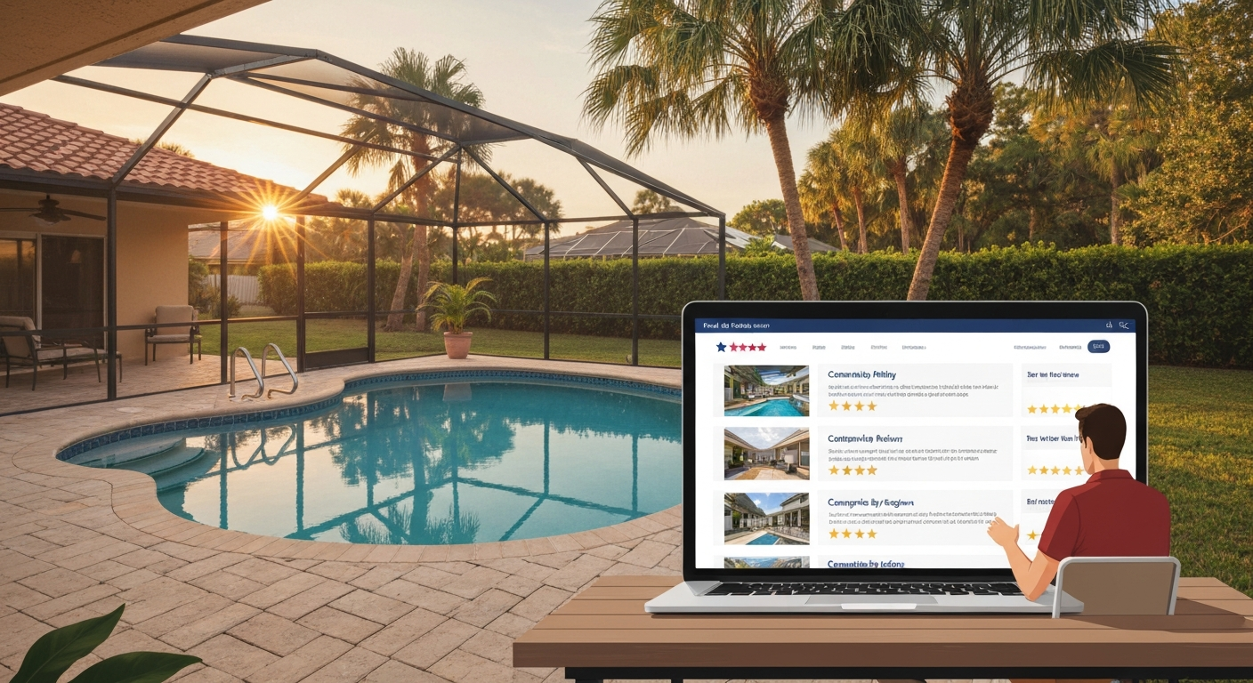 Florida backyard with pool and homeowner viewing contractor review site on a laptop