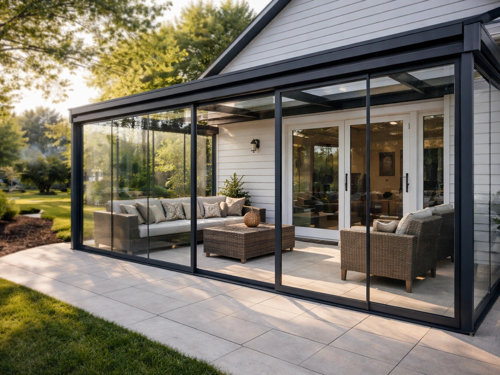 Modern St. Louis home patio with clear glass enclosure and doors in warm natural light