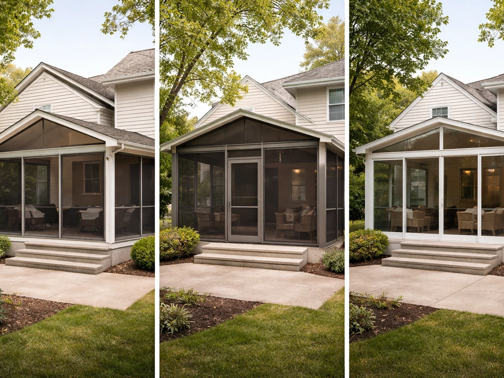 Three side-by-side patio enclosures: screened porch, screened-in room, and three-season sunroom in a backyard.
