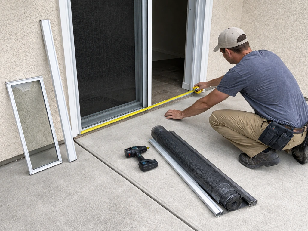 Installer measures and test-fits aluminum framing, glazing, and screening for a patio enclosure.
