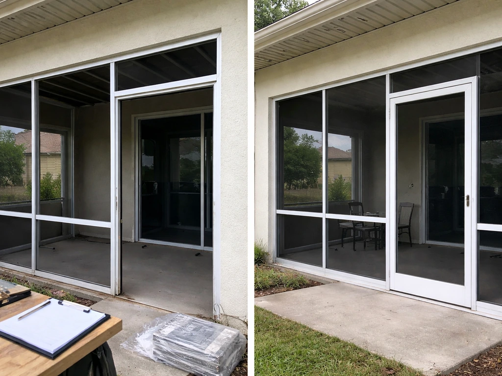 Two-part patio enclosure contrast: delayed, unfinished left side and clean aligned door right side.