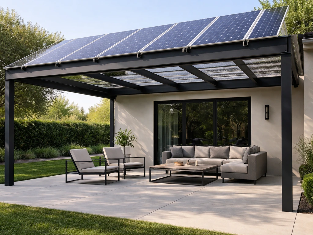 Modern backyard patio cover with integrated solar panels in natural daylight, no people.