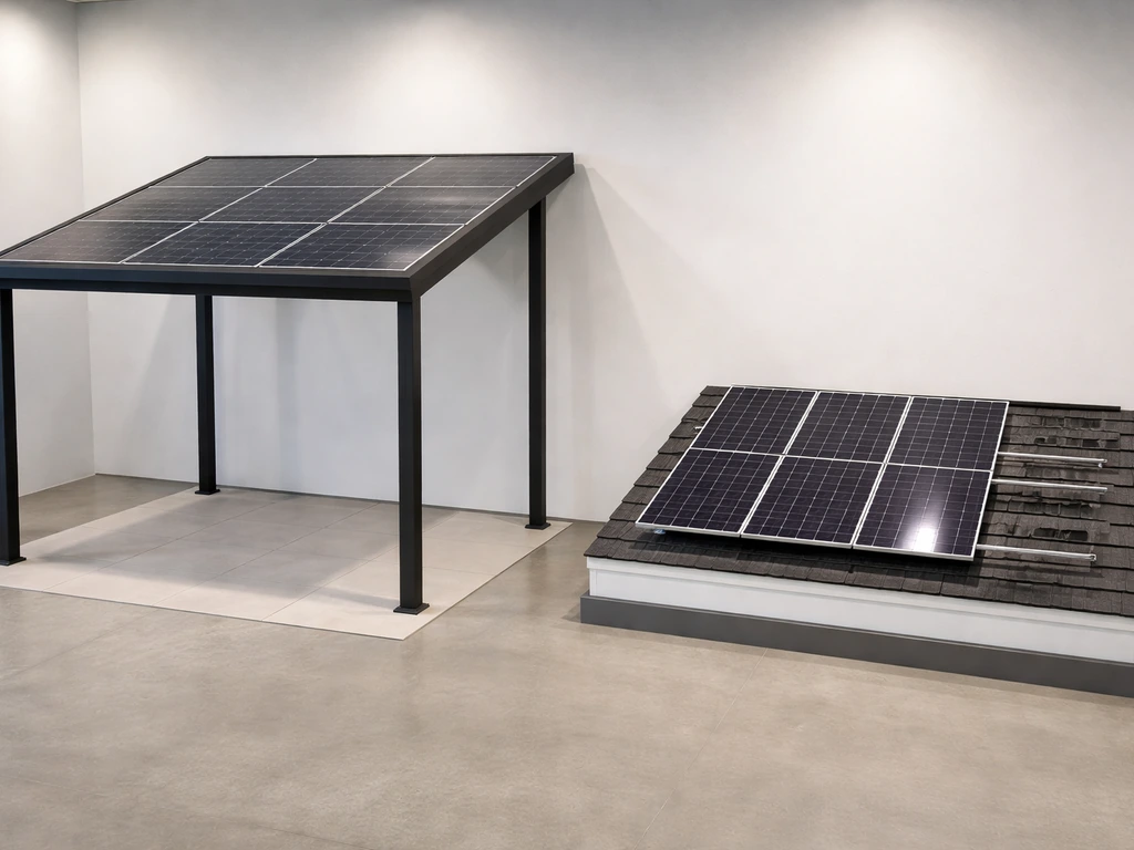 Two distinct solar patio setups shown side-by-side: an integrated patio cover and a standalone rooftop solar panel roof.