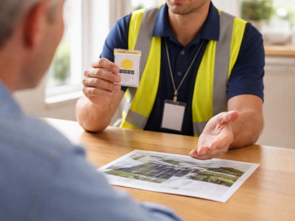 Solar installer shows a certification badge while speaking with a homeowner at a table.