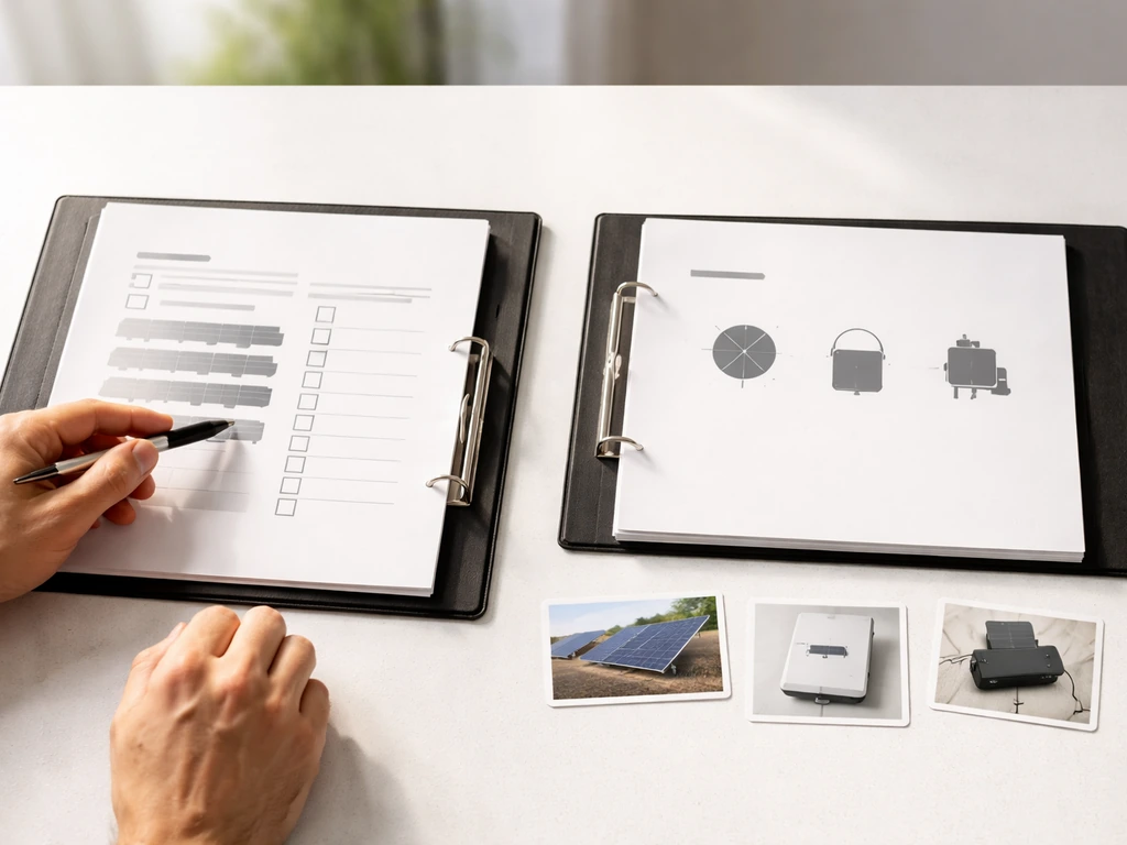 Two open solar patio quote folders on a table with hardware photo cards and hands reviewing panels/inverter scope.