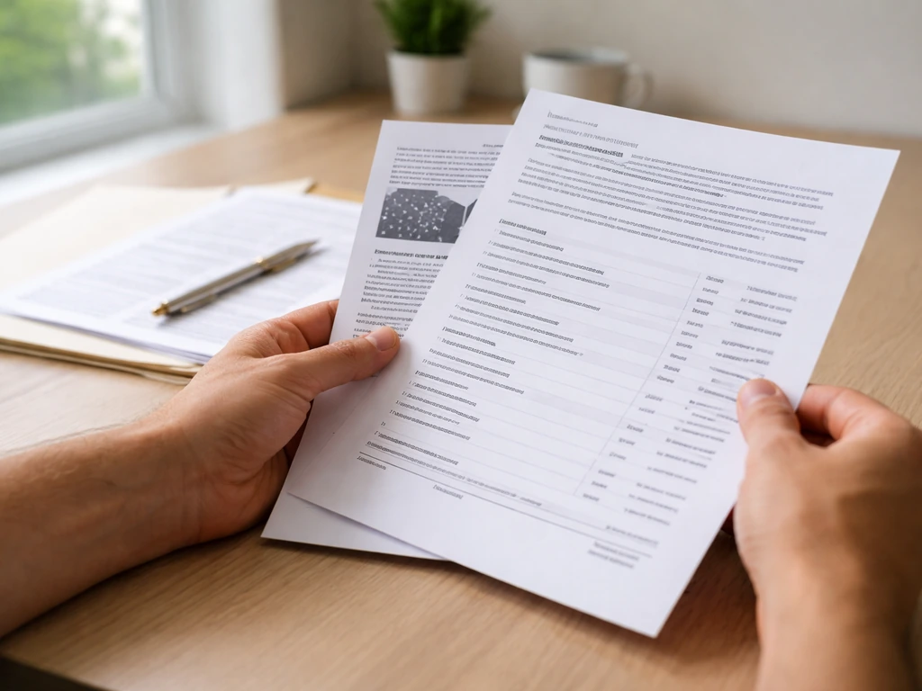 Close-up of hands reviewing a solar installer contract with warranty and cost items on a clean desk