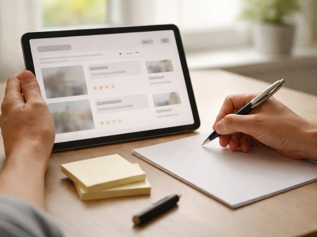Close-up of hands comparing verified rental reviews on a tablet with a simple note sheet