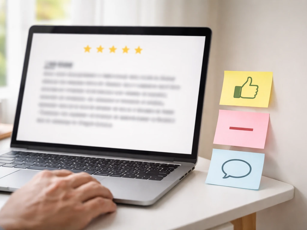 Laptop with blurred review screen and simple sticky-note icons showing generic praise, short text, and missing specifics