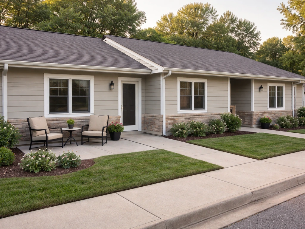 Exterior of a single-story attached patio home with a private patio area and shared wall