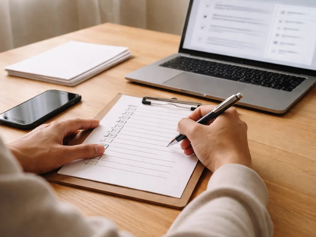 Person reviews a contract checklist with pen, clipboard, and phone showing warranty-related questions.
