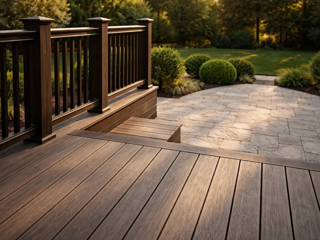 High-end backyard deck and stone patio with detailed railing and clean landscaping