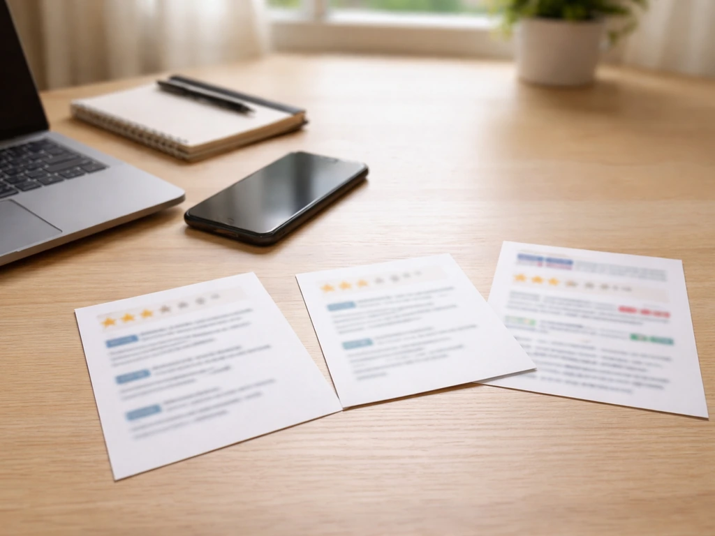 Minimal home-office desk scene with smartphone and blurred review-source pages suggesting verification of contractor rev