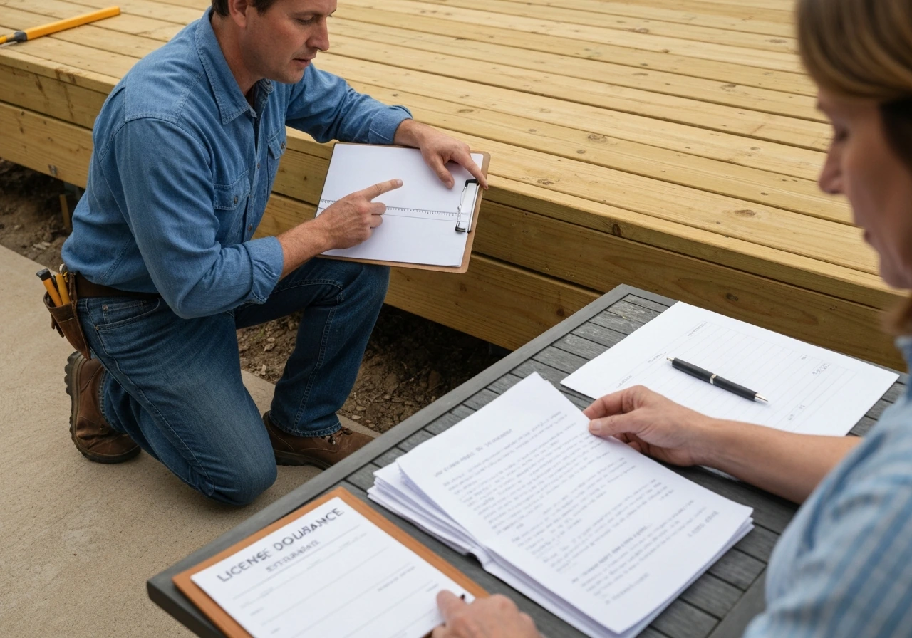 Contractor and homeowner review an unreadable proposal and insurance folder on a patio site.