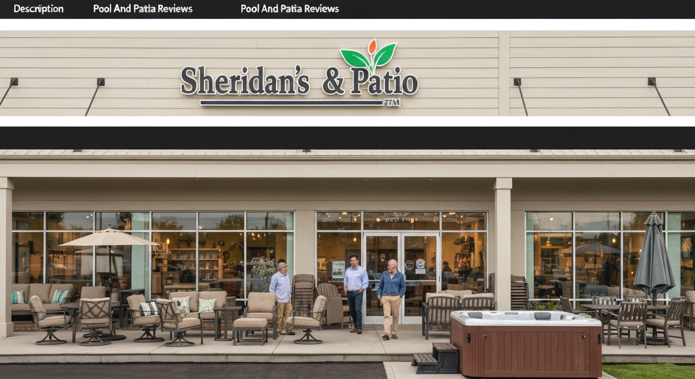 Exterior of a Sheridan's Home & Patio showroom with outdoor patio furniture and a hot tub on display, shoppers browsing in warm daylight.