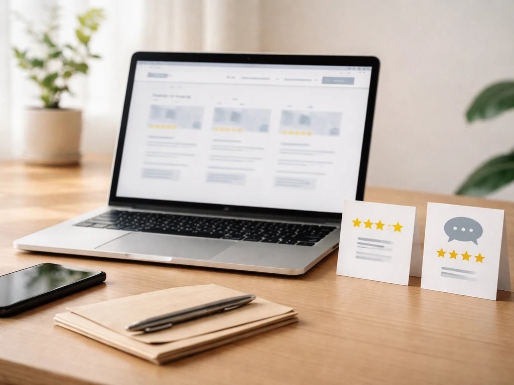 Minimal desk scene with two overlapping cards symbolizing curated company reviews and independent consumer feedback.
