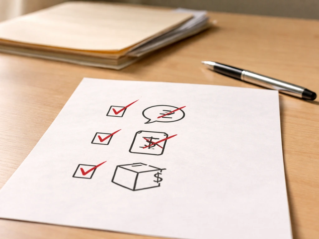 Minimal photo of a contract checklist with warning icons, highlighting communication silence and scope changes.