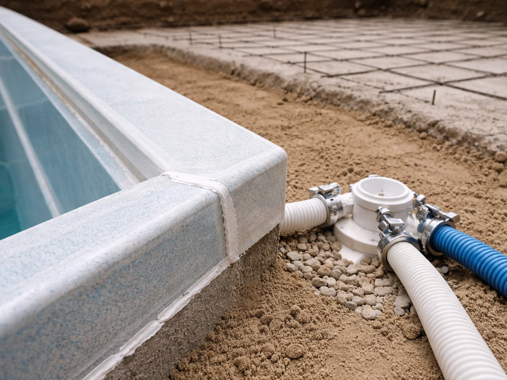 Close-up of a fiberglass pool shell edge, sealant seam, and plumbing connection during installation.