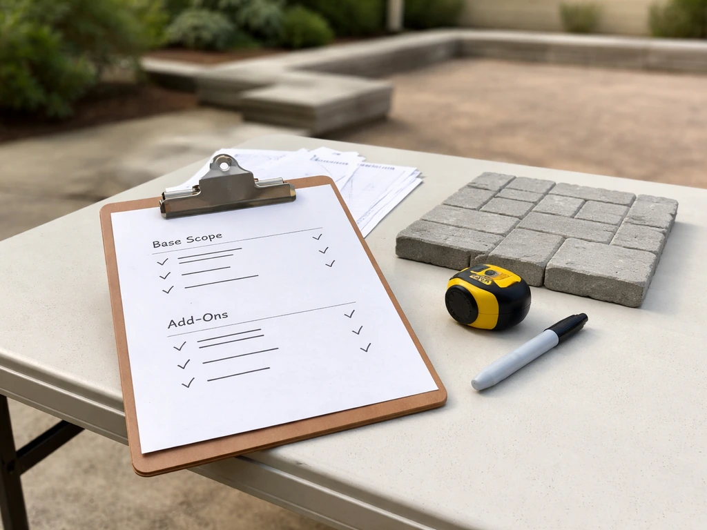 Clipboard and worksheet on a contractor table showing base scope vs add-ons for patio and pool pricing.