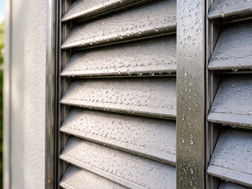 Close-up of louvered aluminum outdoor shutters showing water beading and minimal aging after years.