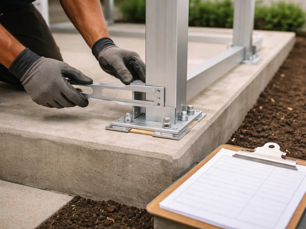 Authorized-dealer crew installing aluminum posts on a patio foundation with tools and a clipboard checklist