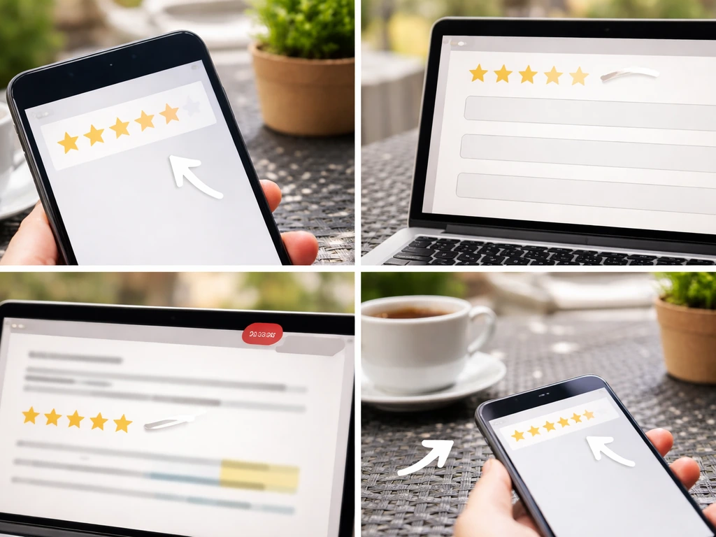 Minimal photo-collage of blurred review screens with star icons and callout arrows to sanity-check ratings.