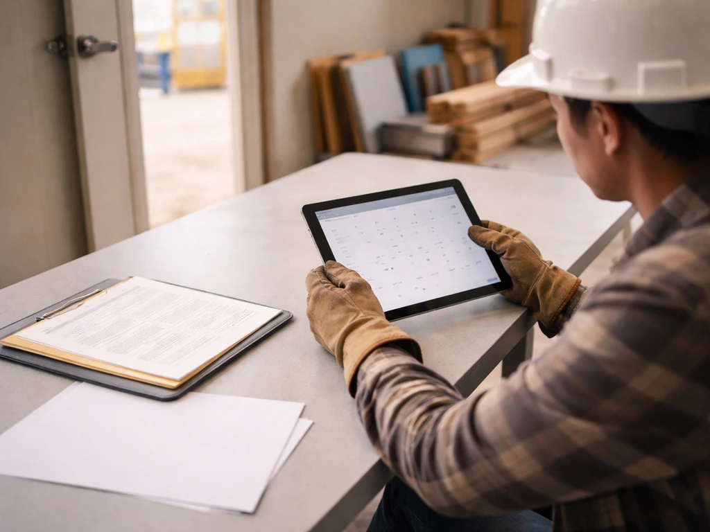 Anonymous builder coordinates permits and timeline on a tablet beside paperwork on a jobsite table.