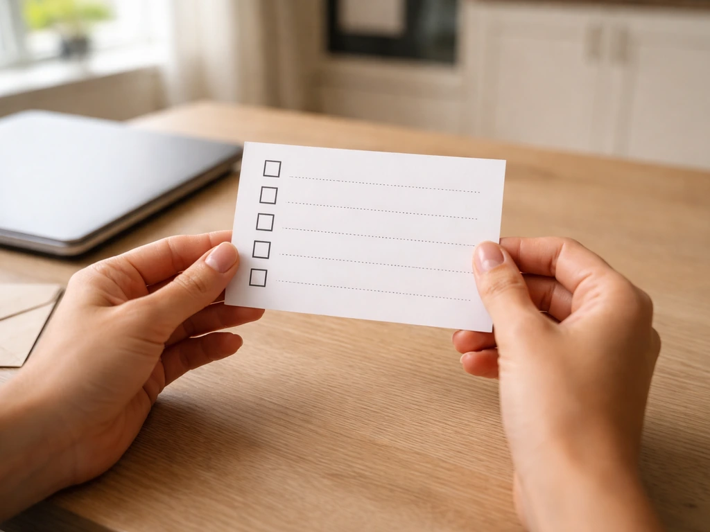 Homeowner holds a checklist card with questions before hiring a contractor, in bright natural light.