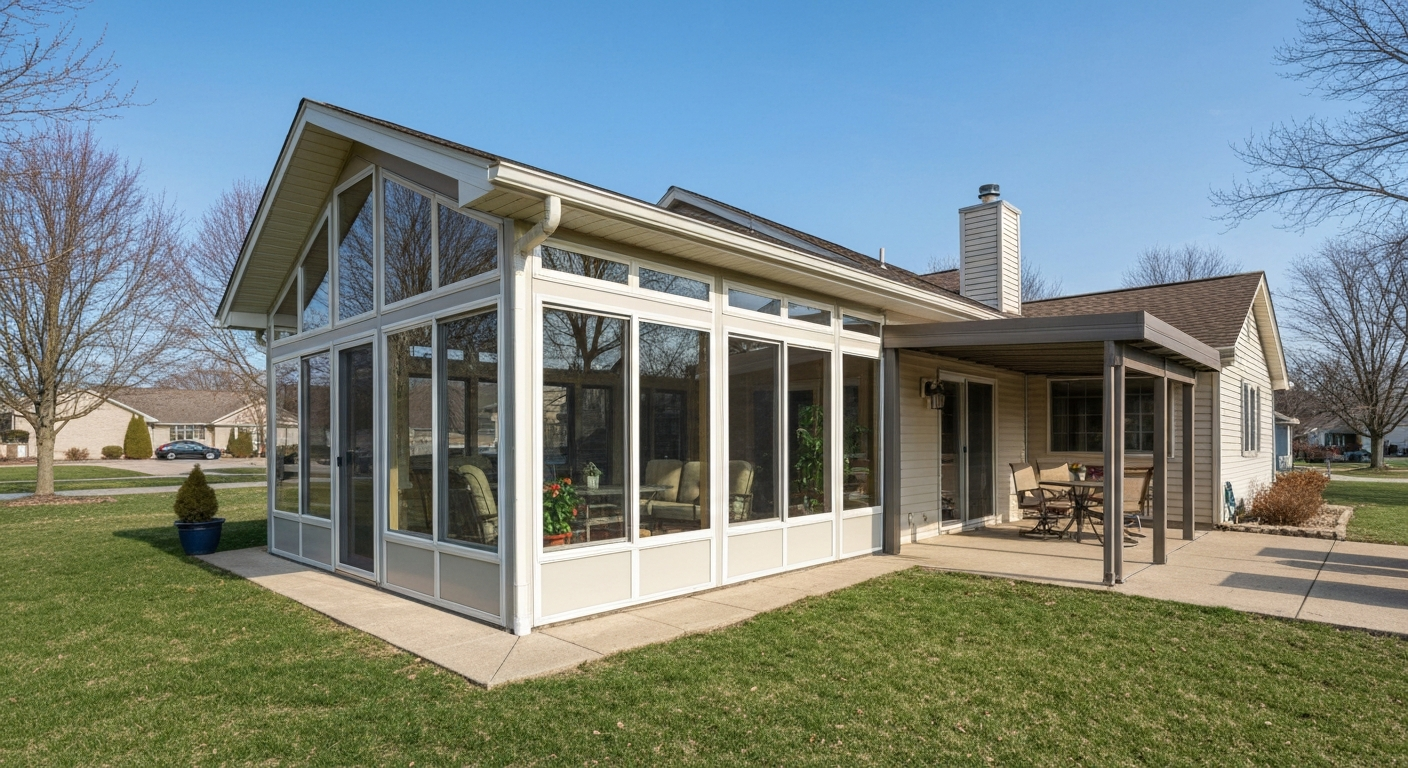 Three-season sunroom with adjacent awning and patio attached to a suburban house, photographed in daylight.