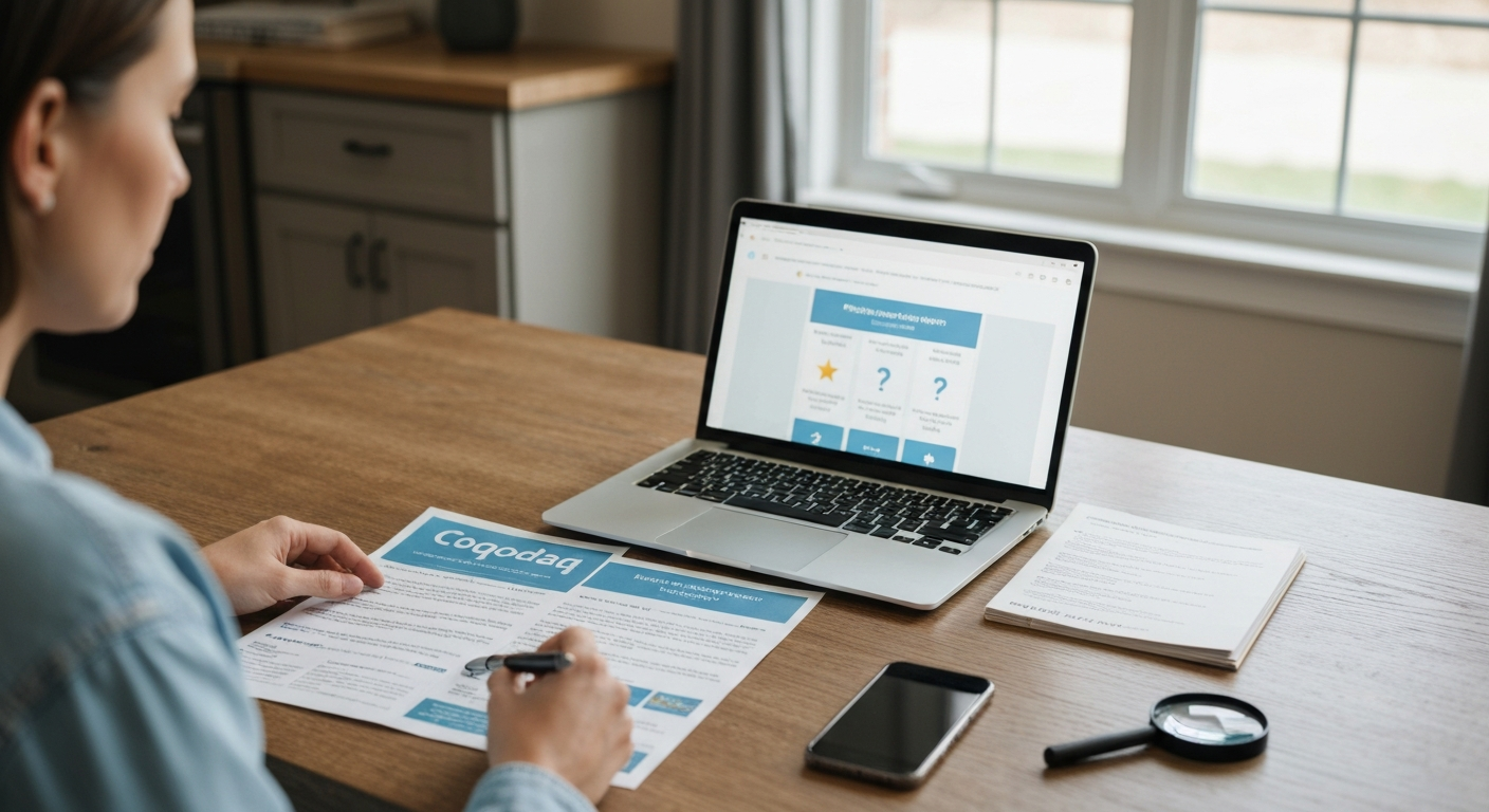 Homeowner at a table reviewing a flyer labeled 'Coqodaq', laptop with search results, permit documents and a magnifying glass.
