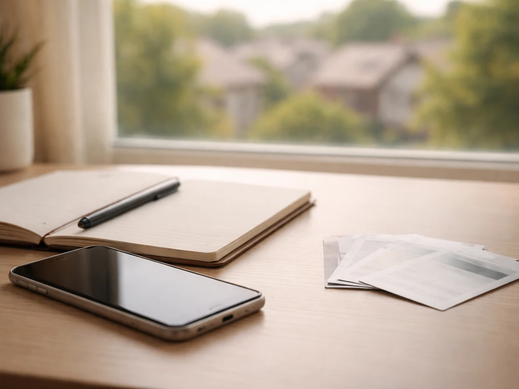 Minimal photo of a quiet office desk with smartphone and printed notes, suggesting reputable community reviews