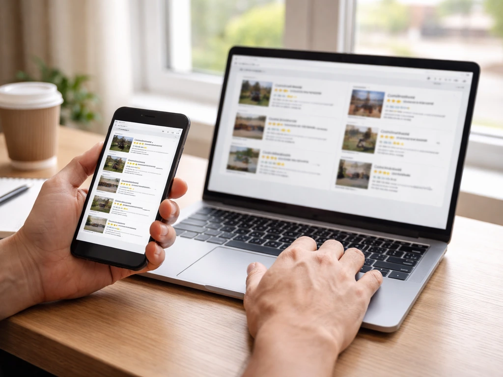 Person using phone and laptop to review patio contractor ratings in a quiet home office setting