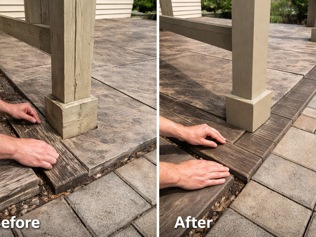 Split before/after of stamped concrete patio: uneven edges on left, clean finished pergola detail on right