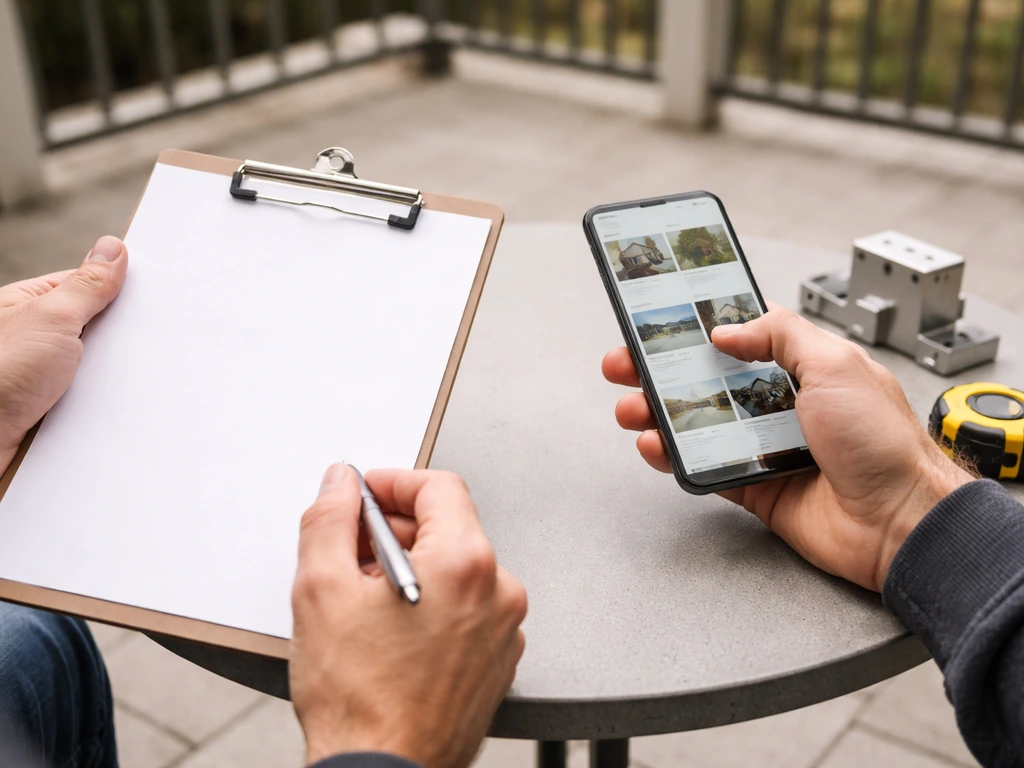 Minimal photo of a patio/deck business contract and phone showing blurred listing cards, confirming location matching