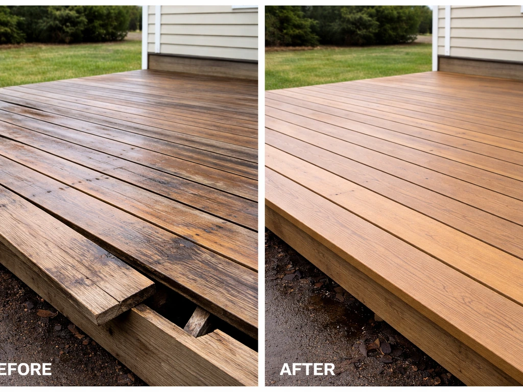 Split before/after of a sunken, uneven deck compared with a level repaired patio, no people.