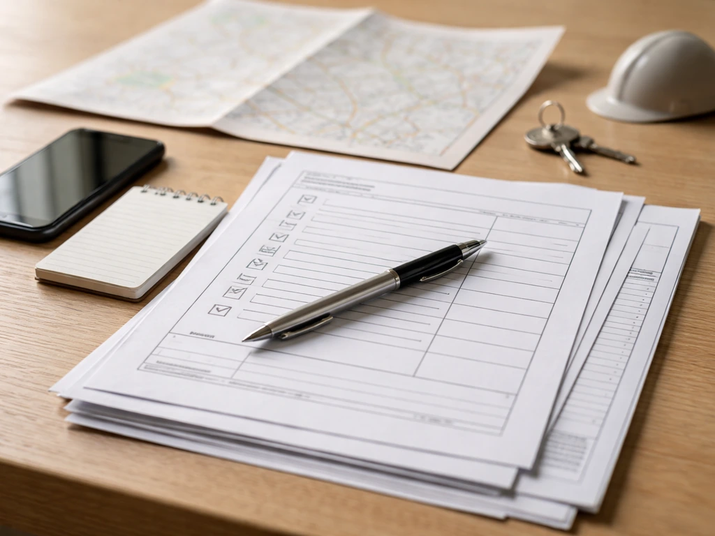 Desk with checklist and permit-style forms, pen and smartphone, plus an out-of-focus open map reference.