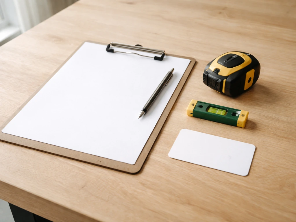 Clipboard checklist on a work table with tape measure, level, and blank contractor contact card.