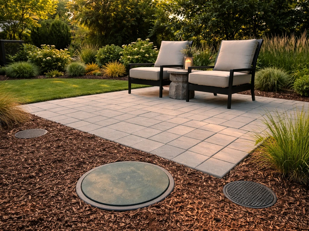 Golden-hour backyard patio with discreet flush in-ground speakers and a subtle subwoofer near seating.