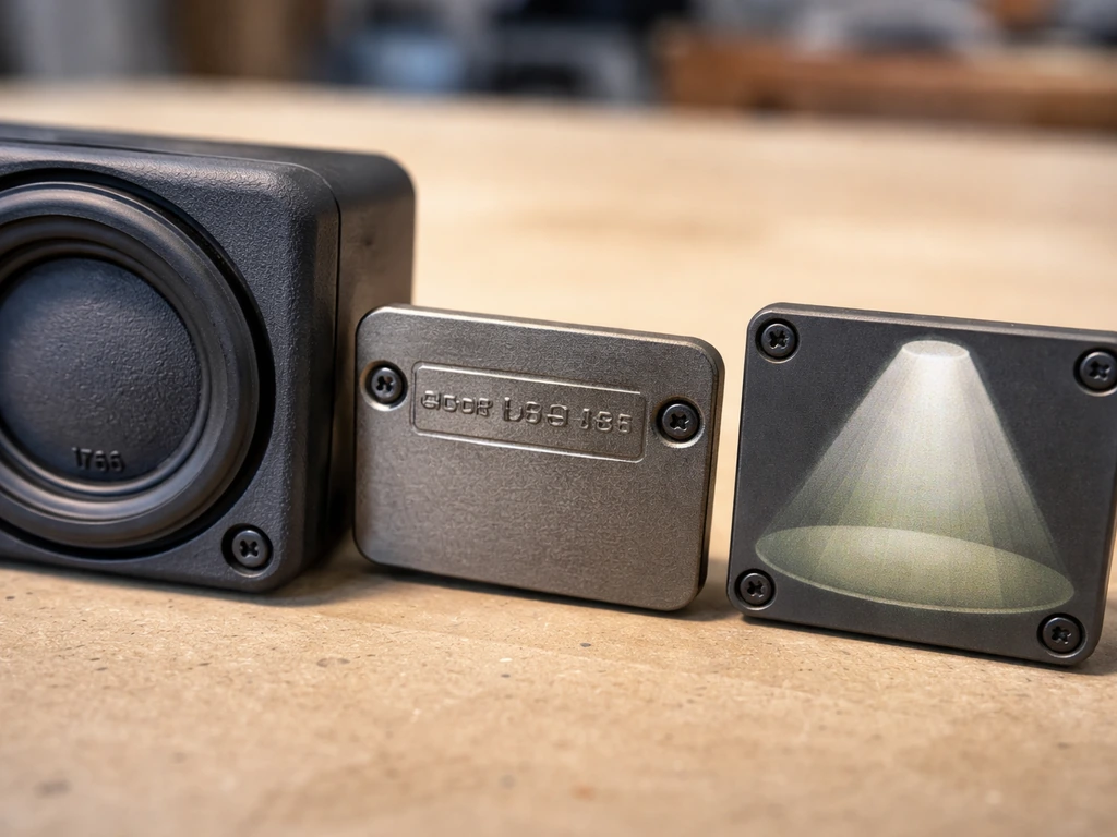 Macro close-up of outdoor speaker weather seal, power label plate, and soft coverage beam pattern.