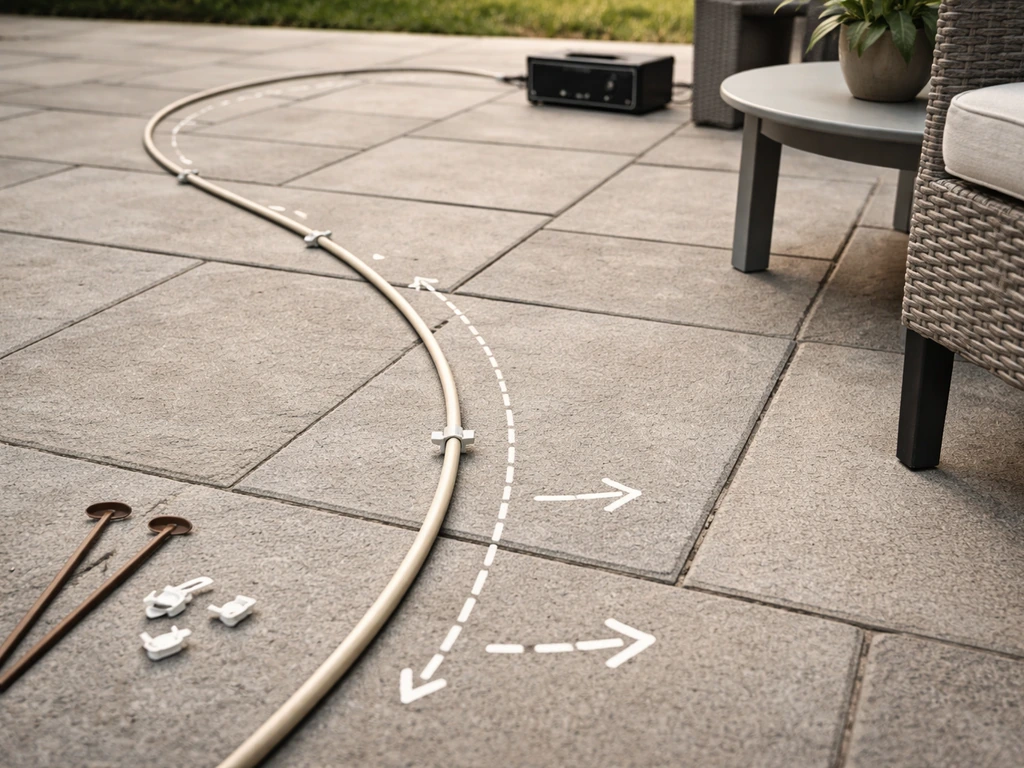 Outdoor patio with speaker cable laid out and simple arrow marks showing planned wire routing.