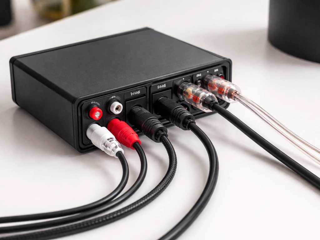 Close-up of an audio DSP amplifier input panel showing RCA, optical, and coax connections with cables neatly routed.