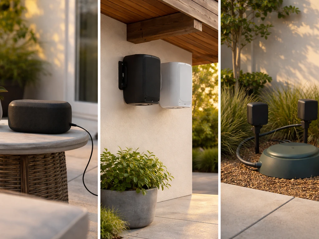 Side-by-side photos of portable, permanent outdoor speakers, and a full satellite + sub audio setup on a patio.
