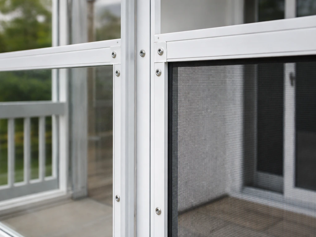 Close-up of a patio enclosure frame with clear screen panels in a clean backyard setting