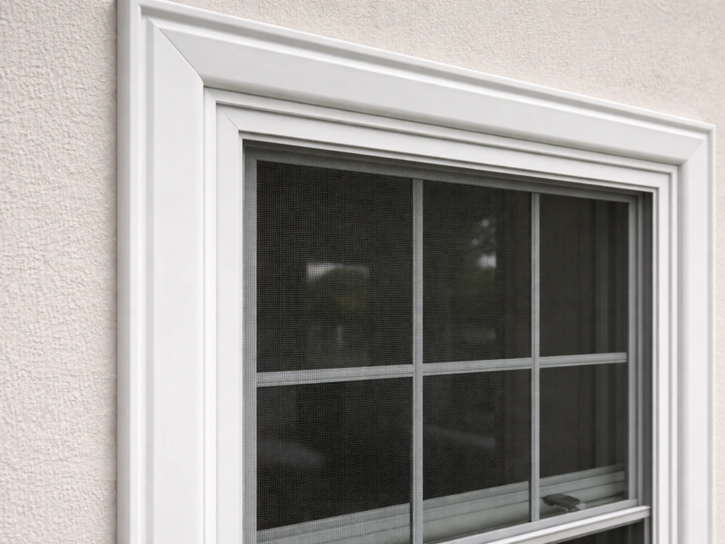 Close-up of neatly aligned window trim, screen frame, and clean caulking after installation.