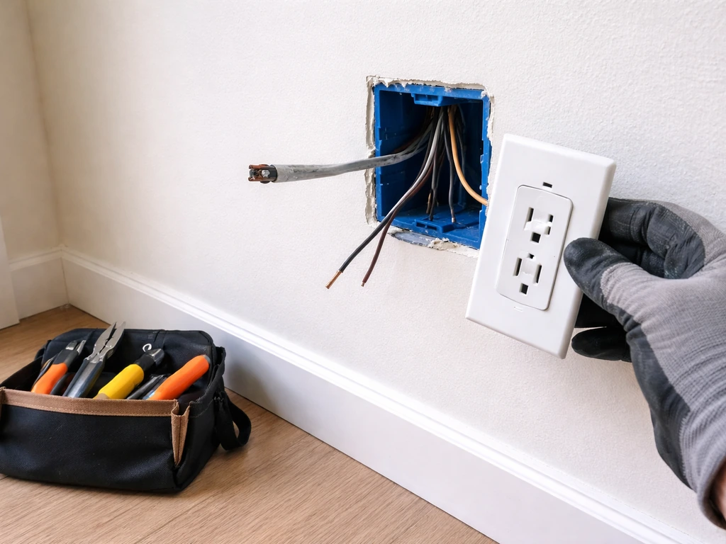 Close-up of an unfinished electrical outlet with exposed wiring and a contractor’s hands nearby