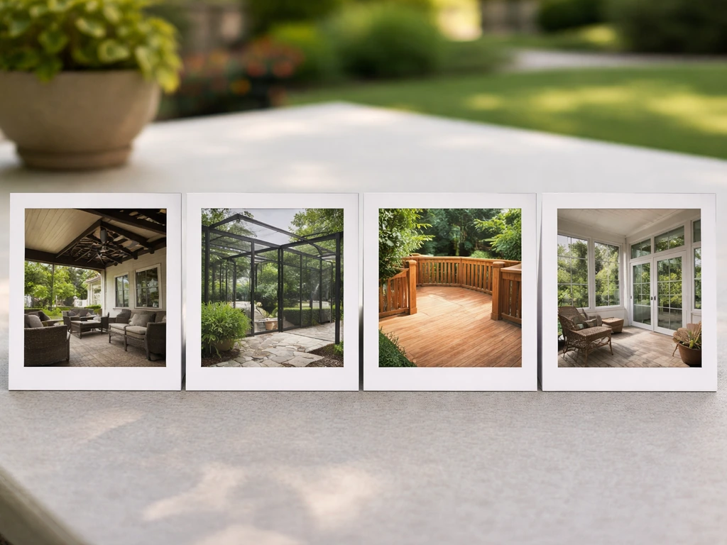 Minimal photo cards showing attached patio cover, screened enclosure, cedar deck, and sunroom addition details