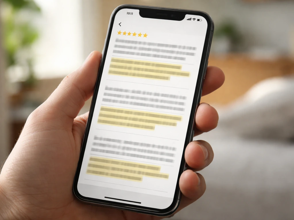 Close-up of a smartphone showing a review page with star rating and highlighted lines, focused on scope details.