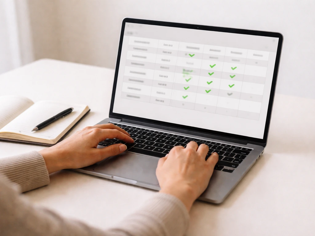 Laptop showing a simple contractor comparison sheet with checkmarks and highlighted rows