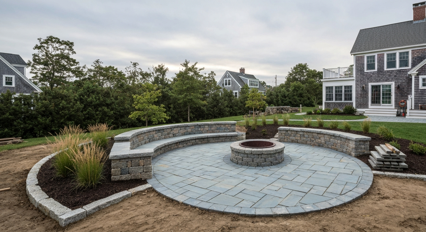 Finished bluestone patio with stone retaining wall and fire pit in a New England yard, showing tidy site and high-quality masonry.