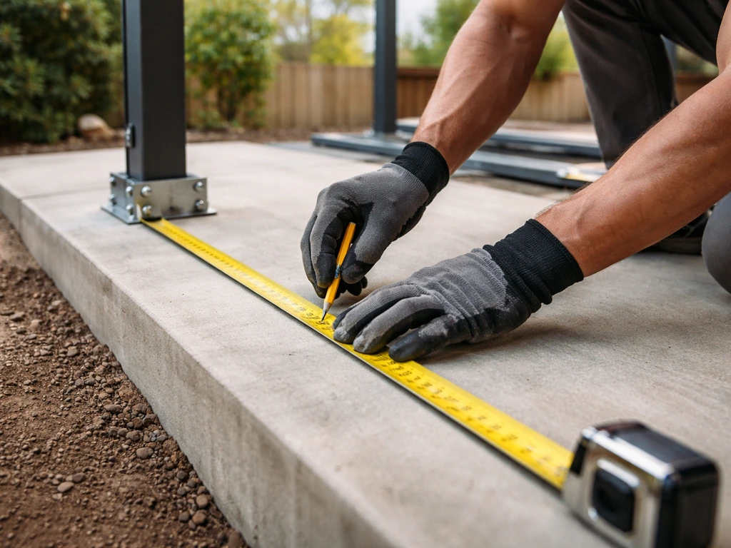 Gloved hands measuring a patio cover layout on a concrete slab with metal framing nearby.